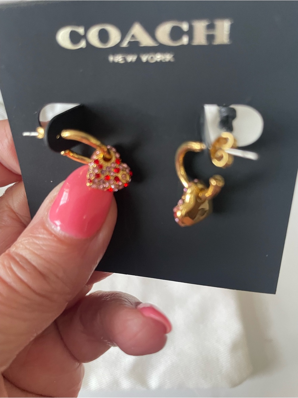 COACH Gold Hoop Earrings with Red Crystal Heart Charms - Picture 4 of 4